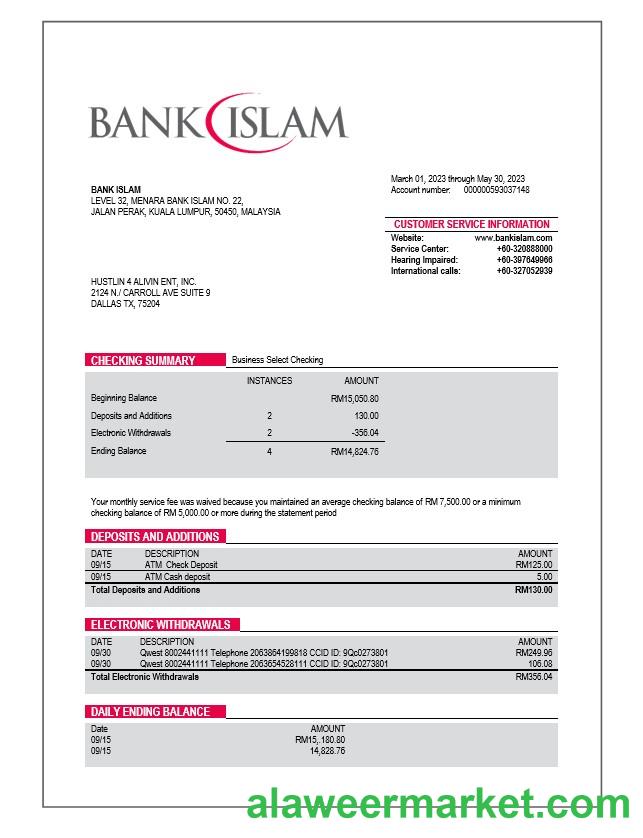 Bank Islam company account statement Word and PDF template